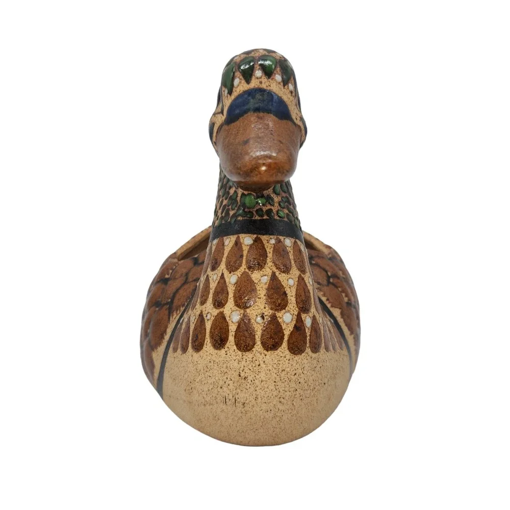 Mexican Tonala Pottery Duck Planter Figurine Bird Mexico Folk Art Signed